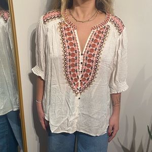 White embroidered peasant top -Button down